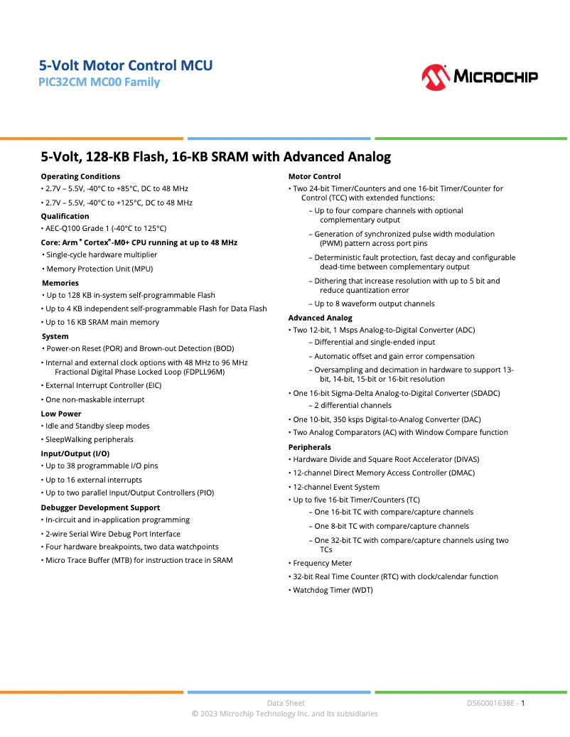 Page 1 de la notice Fiche technique Microchip PIC32CM6408MC00048