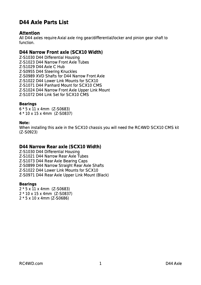 Page 1 de la notice Manuel utilisateur RC4WD Z-S1028