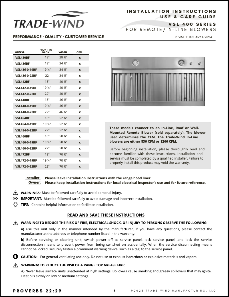 Page 1 de la notice Manuel utilisateur Trade-Wind VSL436BF