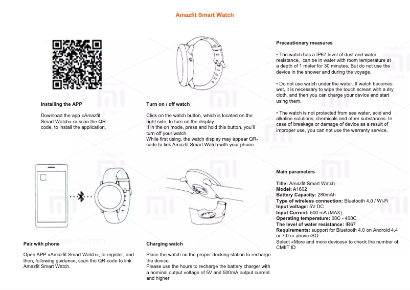 Page 1 de la notice Manuel utilisateur Xiaomi Amazfit Smart Watch
