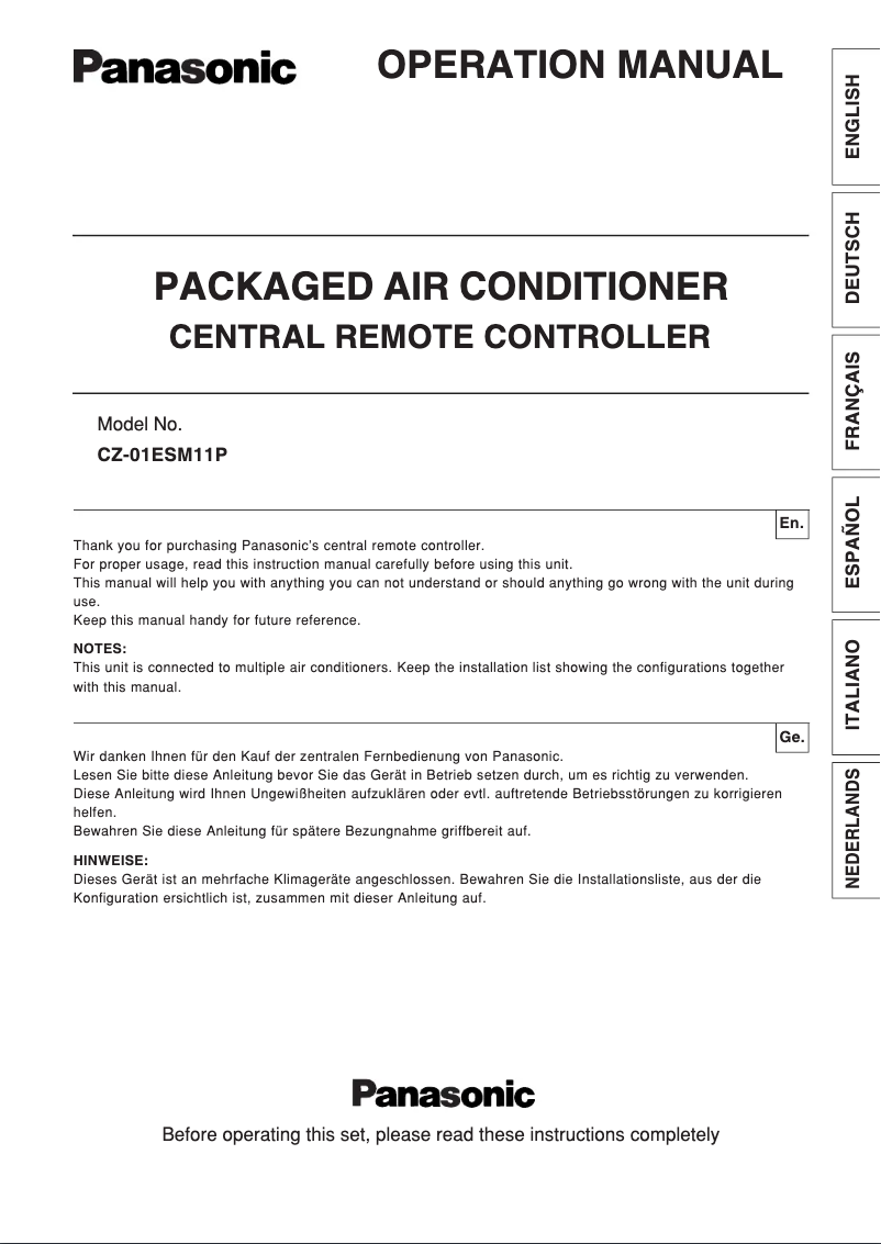 Page 1 de la notice Manuel utilisateur Panasonic CZ-01ESM11P