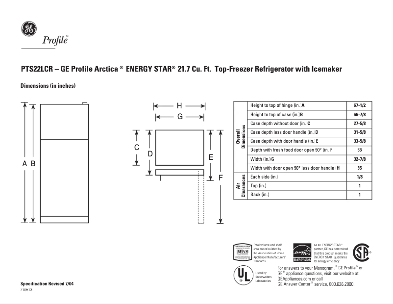 Página 1 del manual Ficha técnica GE Profile PTS22LCRWW