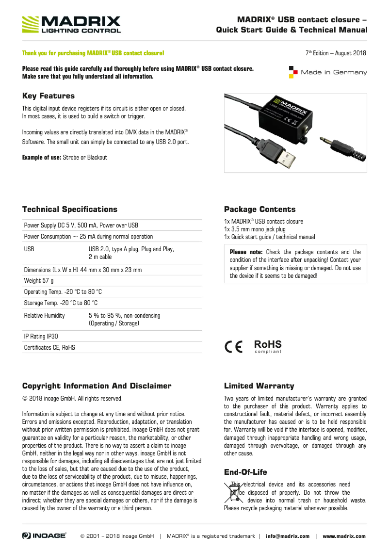 Page 1 de la notice Manuel utilisateur Madrix USB Contact Closure