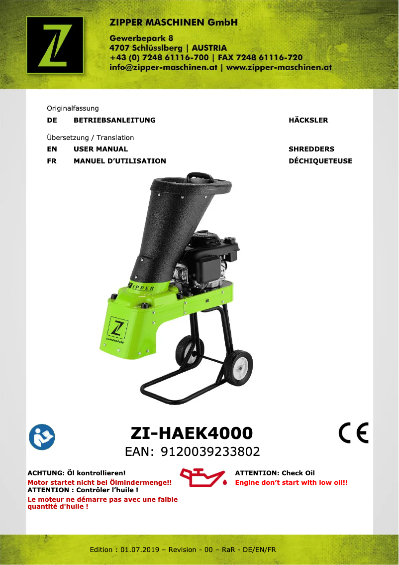 Page 1 de la notice Manuel utilisateur Zipper ZI-HAEK4000