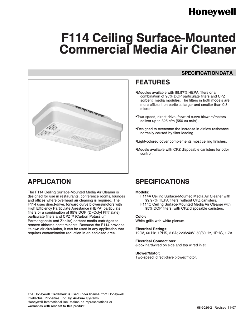 Página 1 del manual Ficha técnica Honeywell F114C1008