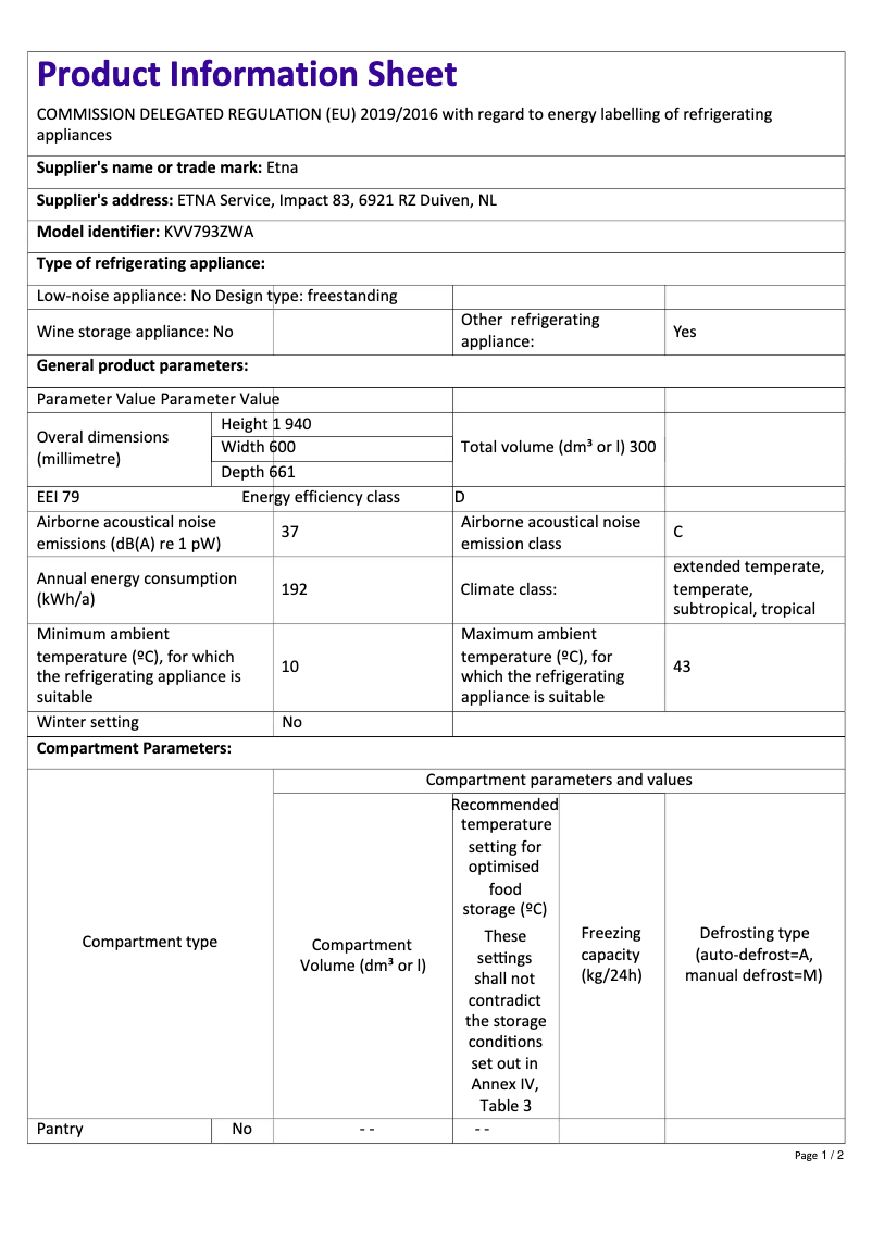 Page 1 de la notice Fiche technique Etna KVV793ZWA