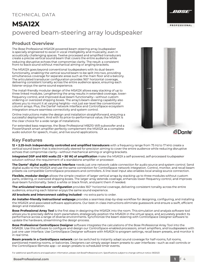 Page 1 de la notice Fiche technique Bose Panaray MSA12X