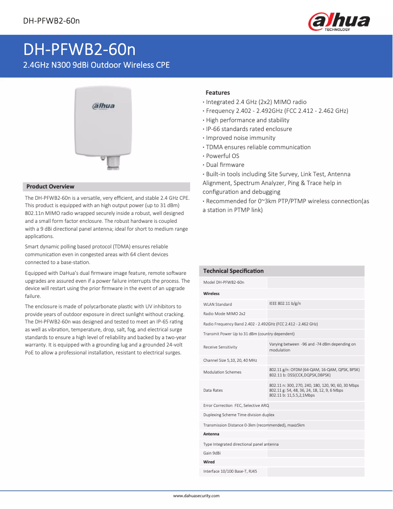Page 1 de la notice Fiche technique Dahua Technology PFWB2-60n