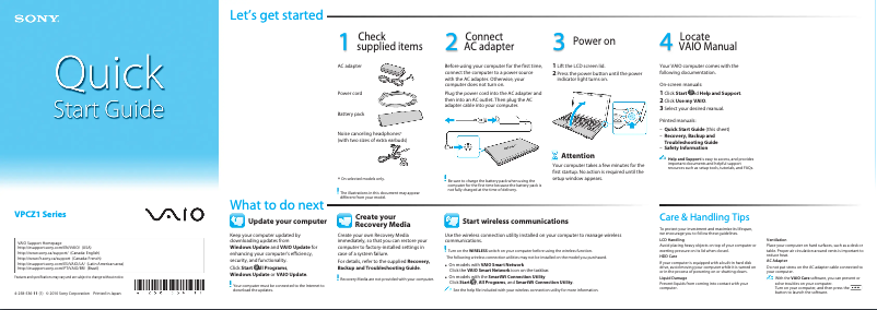 Page 1 de la notice Guide d'installation Sony Vaio VPCZ134GX