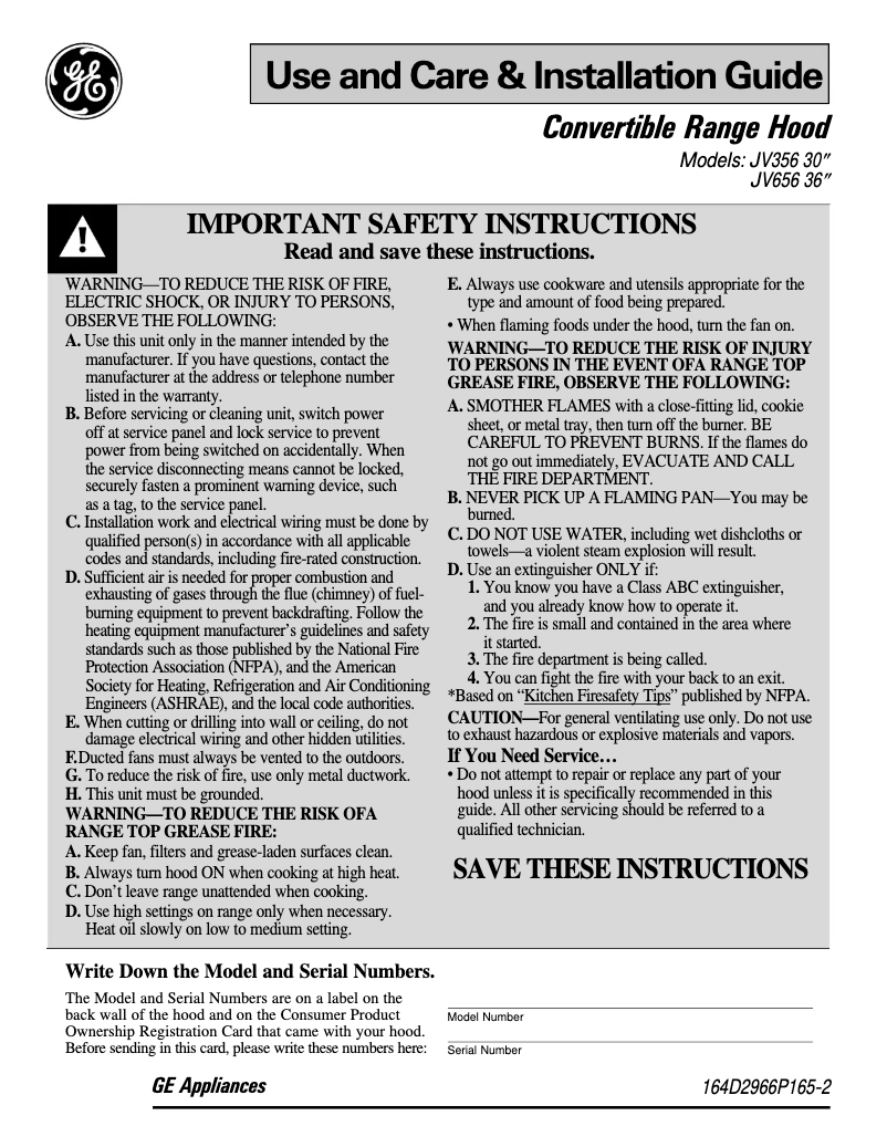 Page 1 de la notice Manuel utilisateur GE JV656VWW