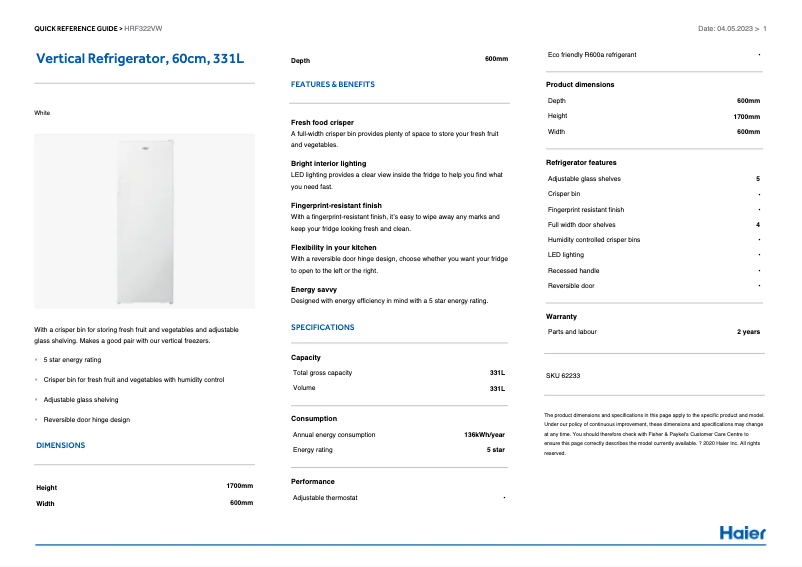 Page n°1 - Informations de garantie Haier HRF322VW