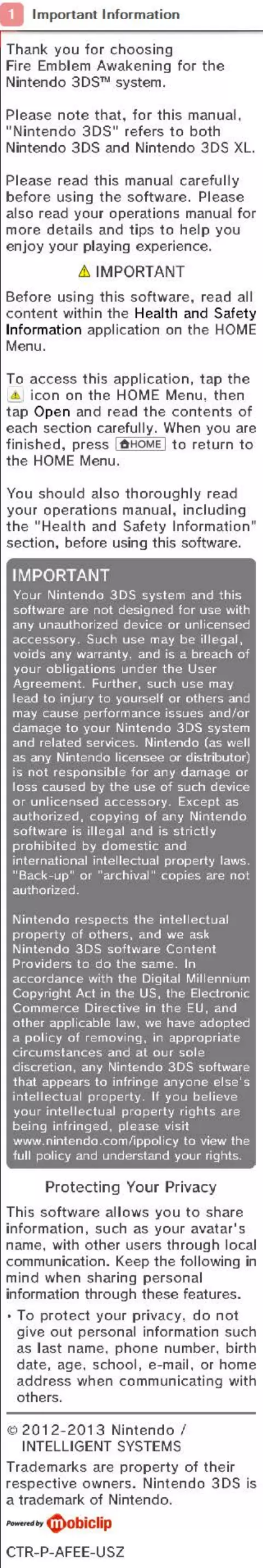 Page 1 de la notice Manuel utilisateur Nintendo Fire Emblem - Awakening (3DS)