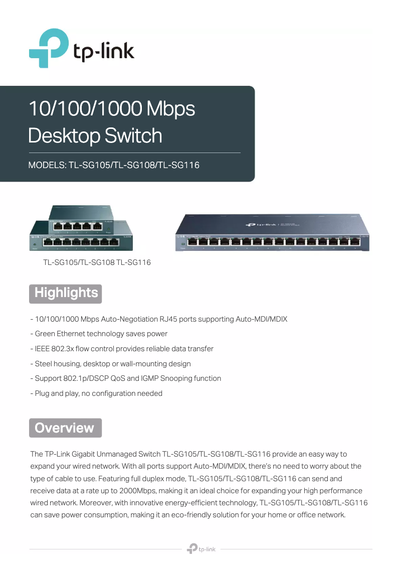 Página 1 del manual Ficha técnica TP-Link TL-SG116