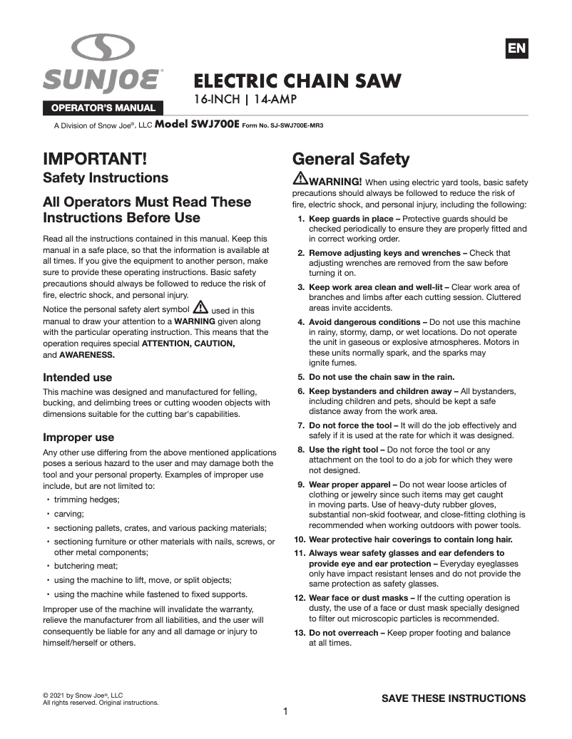 Page 1 de la notice Manuel utilisateur Sun Joe SWJ700E