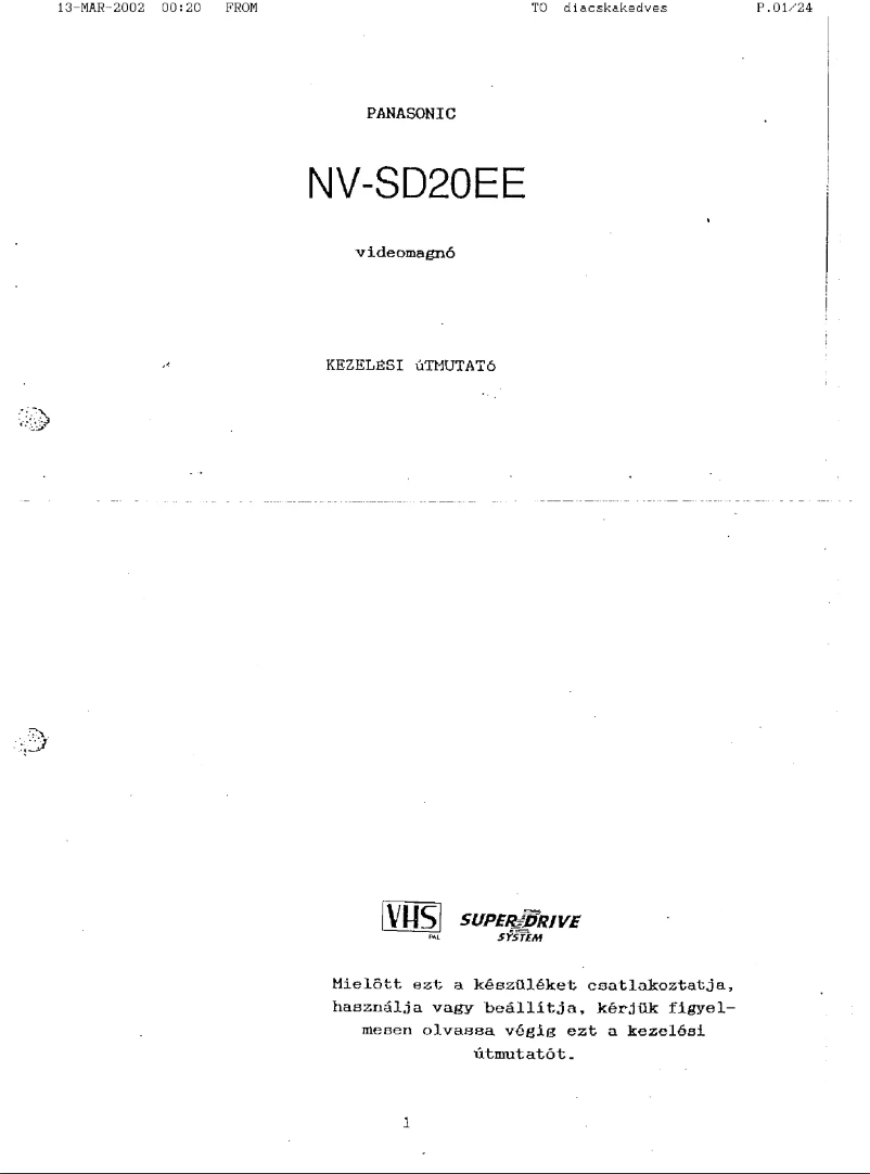 First page image of the manual for NV-SD20EE