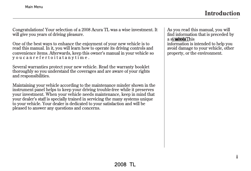 Page 1 de la notice Manuel utilisateur Acura TL (2008)