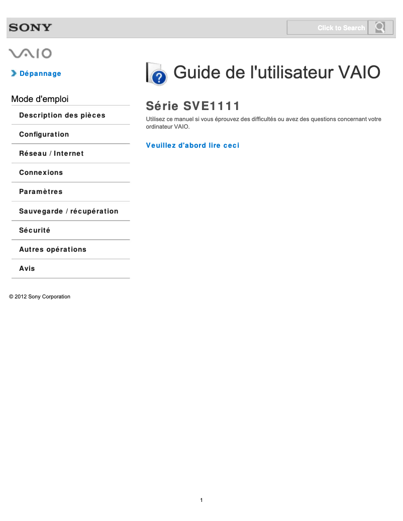 Page n°1 - Manuel utilisateur Sony Vaio SVE11115FDW