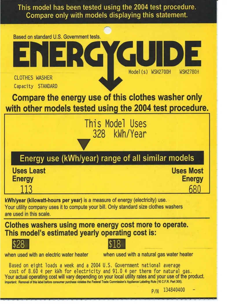 Page 1 de la notice Label énergétique GE WSM2780HWW