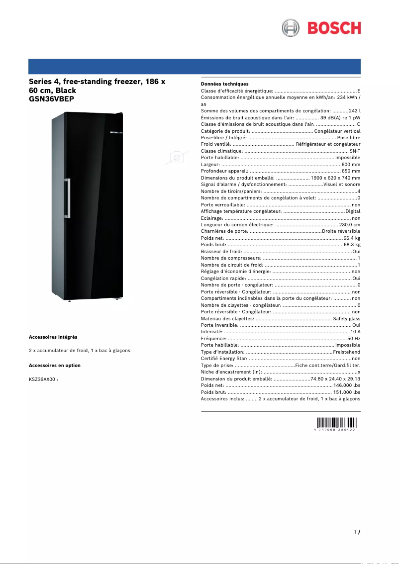 Page 1 de la notice Fiche technique Bosch GSN36VBEP