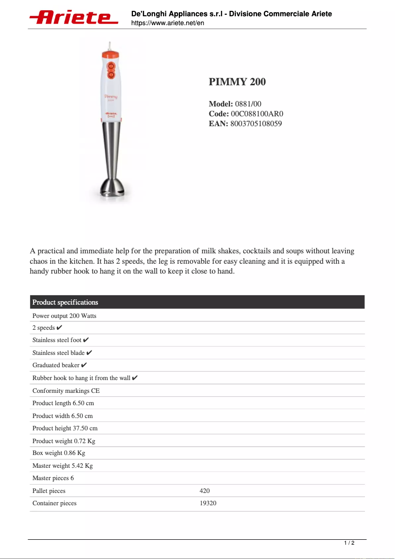 First page image of the manual for Pimmy 200