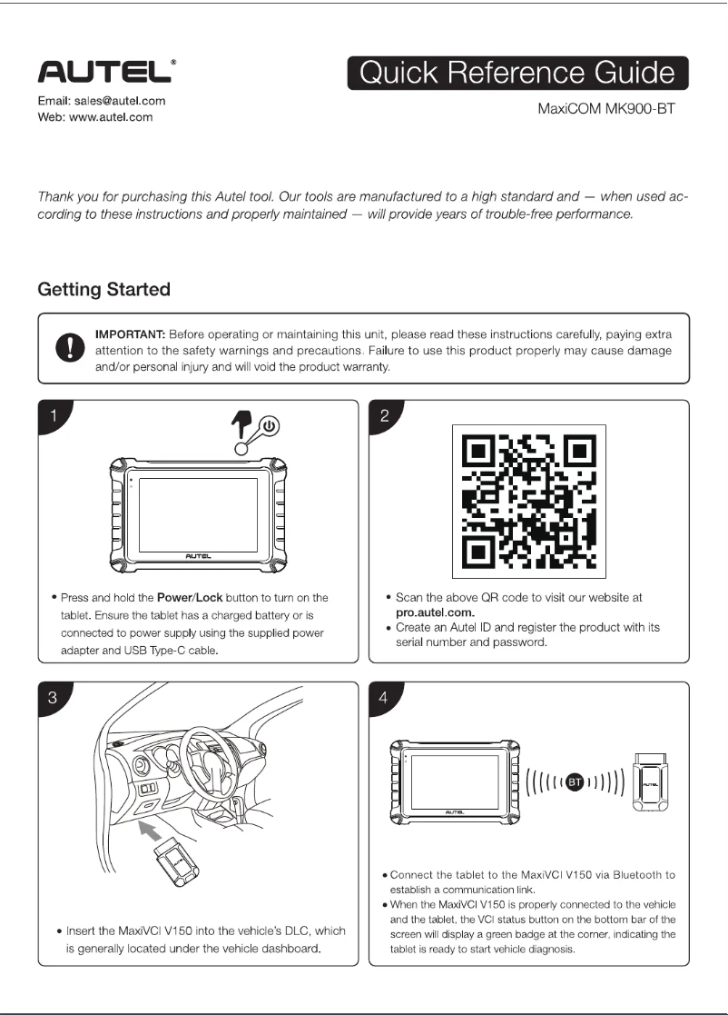 Page n°1 - Guide de démarrage rapide Autel MaxiCOM MK900-BT