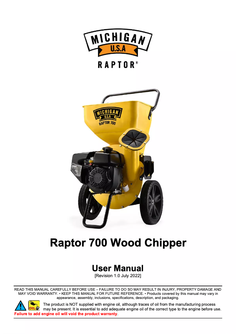 Page n°1 - Manuel utilisateur Michigan Raptor 700