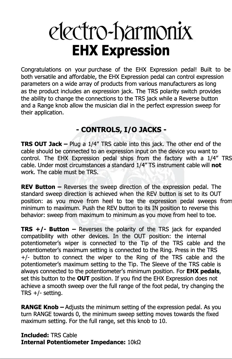 Page 1 de la notice Manuel utilisateur Electro Harmonix EHX Expression