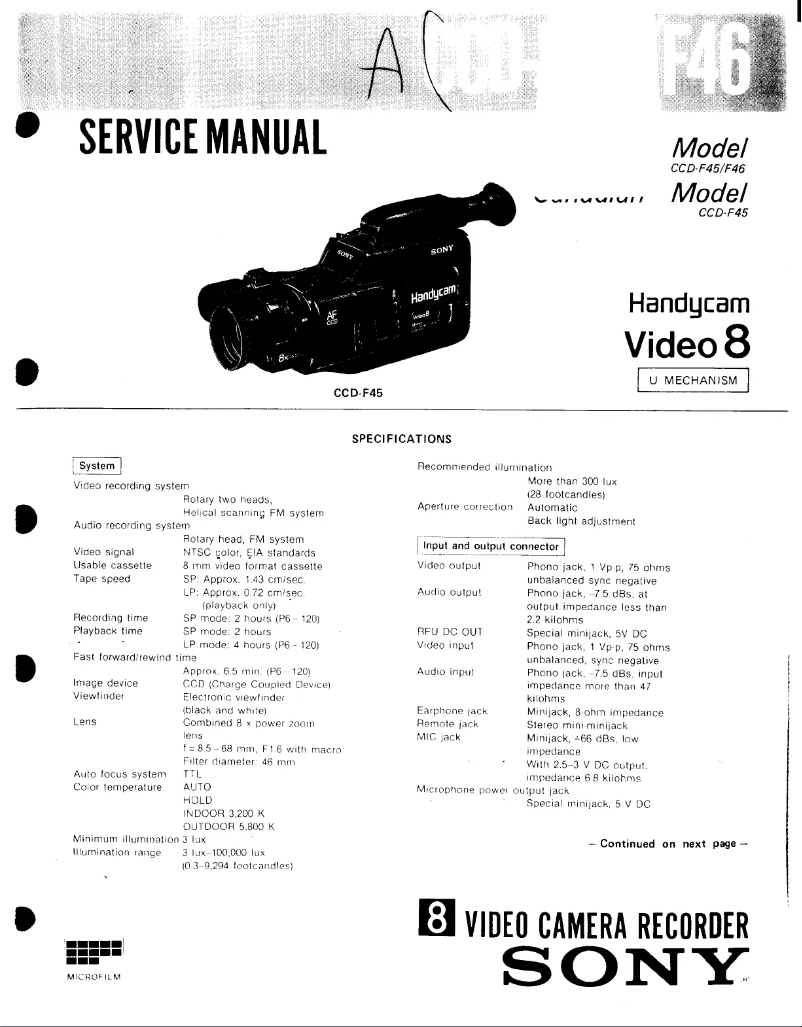 Page 1 de la notice Manuel utilisateur Sony CCD-F46
