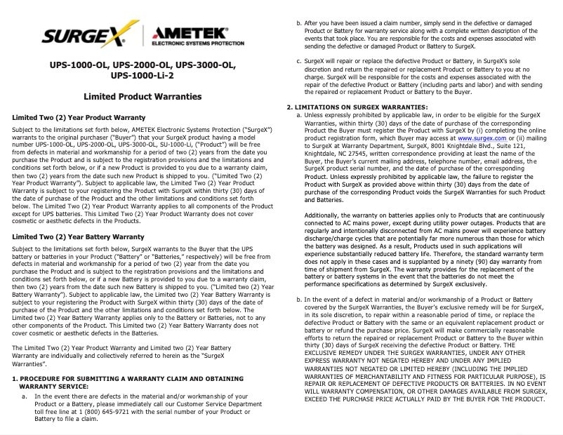 Page 1 de la notice Informations de garantie SurgeX UPS-1000-OL