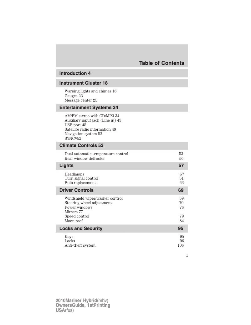 Page 1 de la notice Manuel utilisateur Mercury Mariner Hybrid (2010)