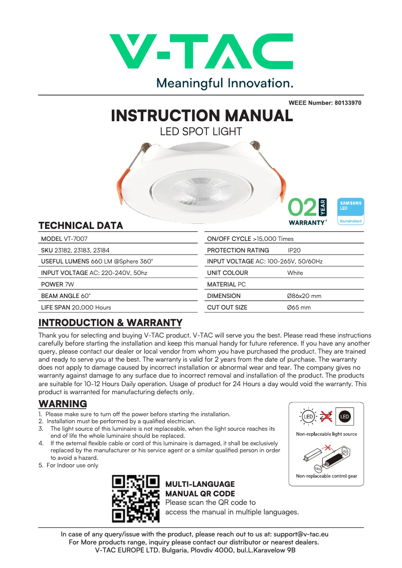 Page 1 de la notice Manuel utilisateur V-TAC VT-7007