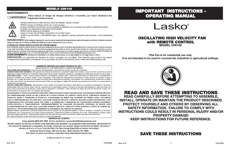 Page 1 de la notice Manuel utilisateur Lasko Oscillating High Velocity U35102