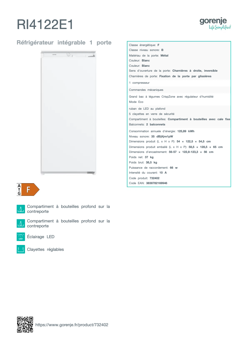 Page n°1 - Fiche technique Gorenje RI4122E1