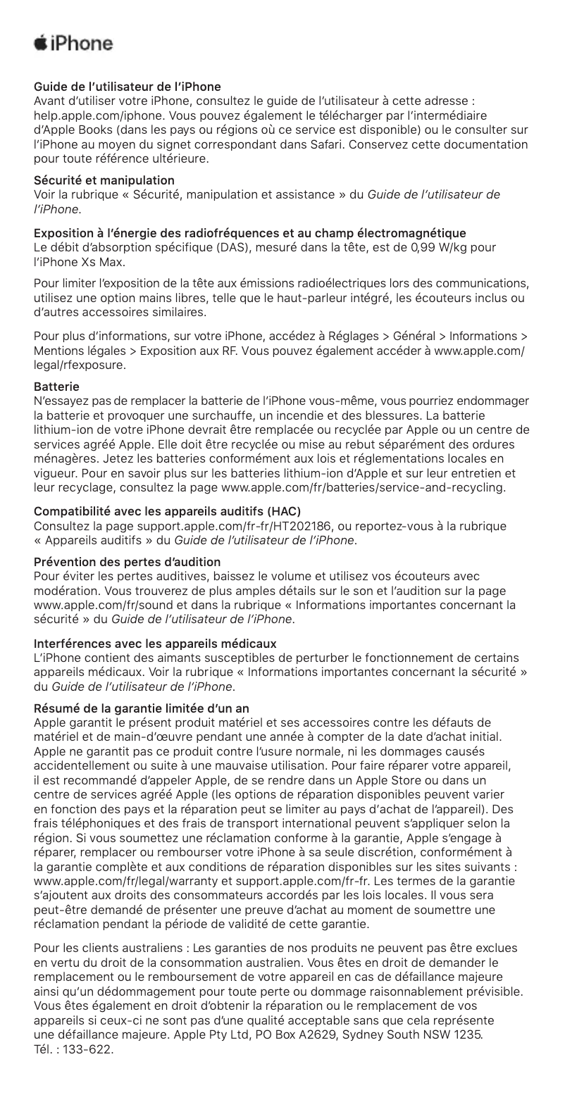 Image de la première page du manuel de l'appareil iPhone XS Max