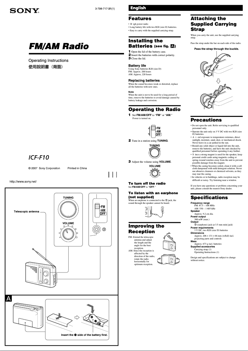 Page n°1 - Manuel utilisateur Sony ICF-F10