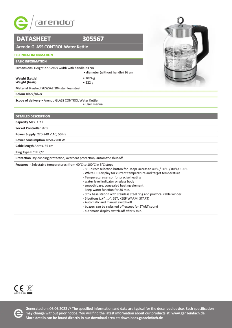 Page 1 de la notice Fiche technique Arendo Class Control 305567