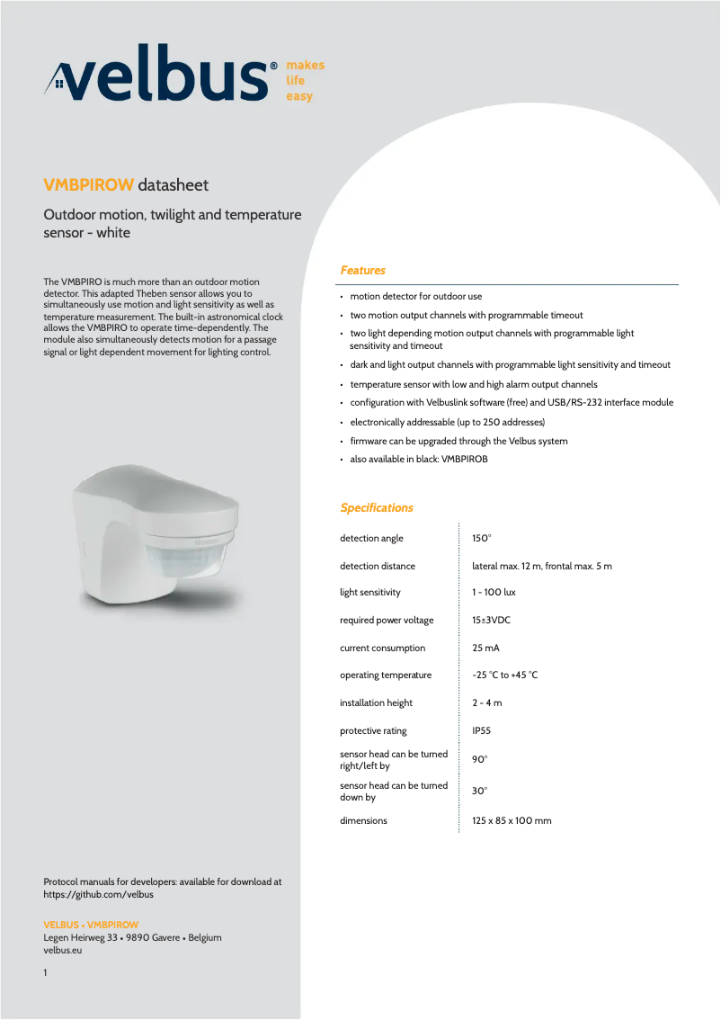 Page 1 de la notice Manuel utilisateur Velbus VMBPIRO-W-20