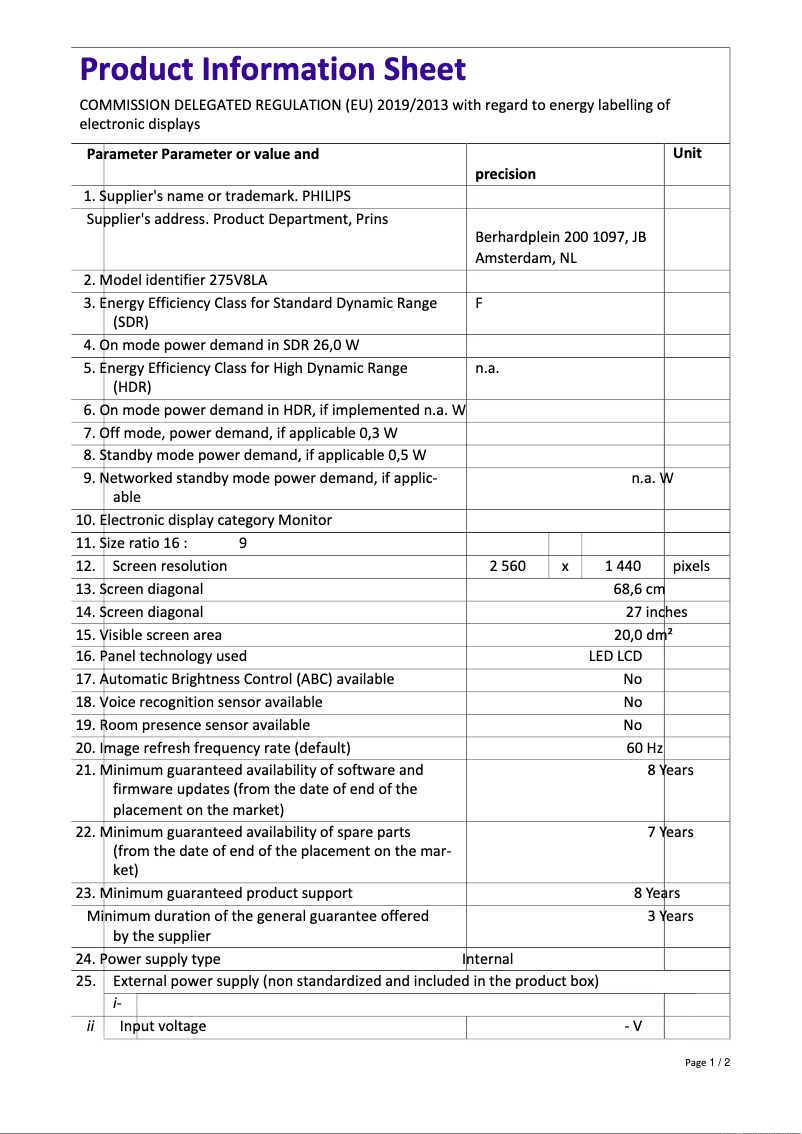 Imagen de la primera página del manual del dispositivo 275V8LA