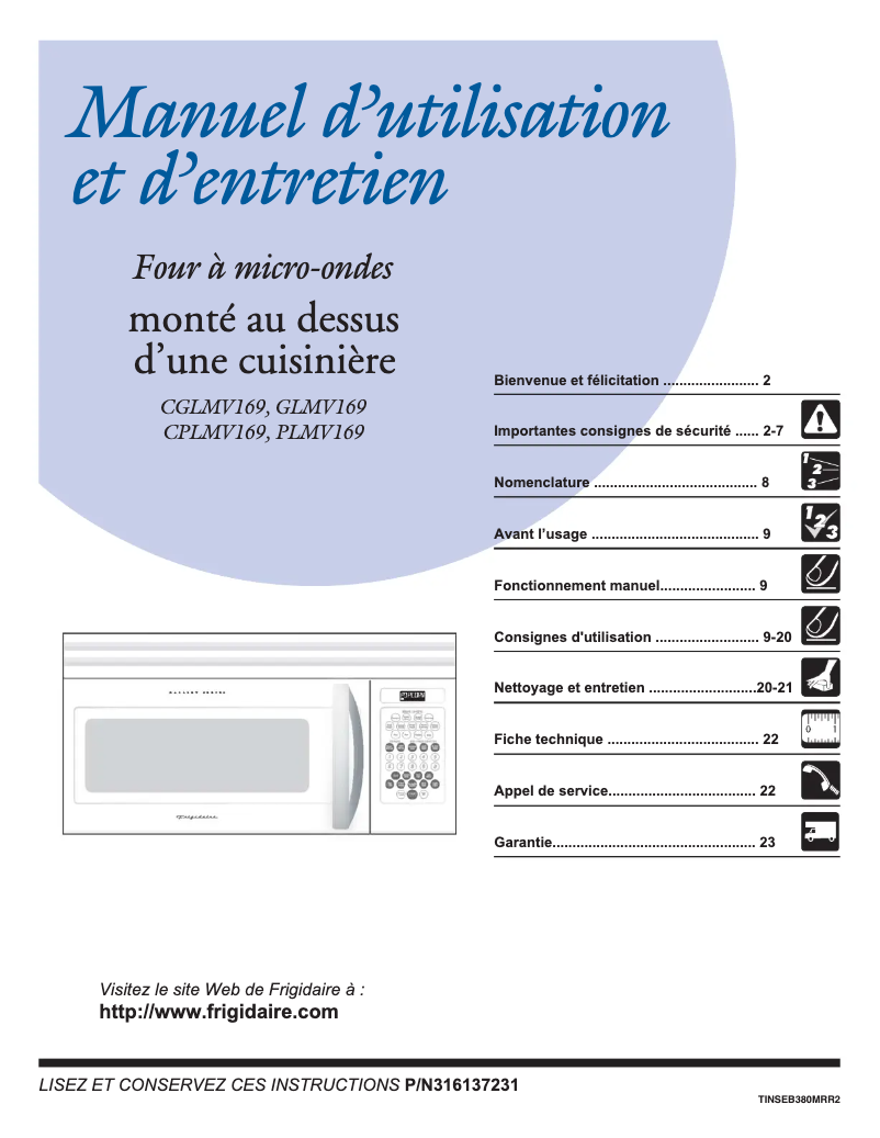 Page n°1 - Manuel utilisateur Frigidaire GLMV169DS