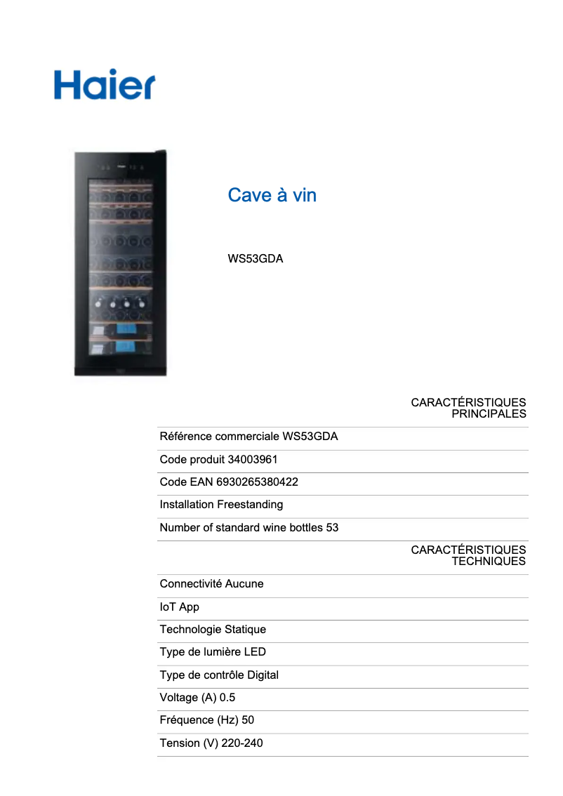 Page 1 de la notice Fiche technique Haier WS53GDA