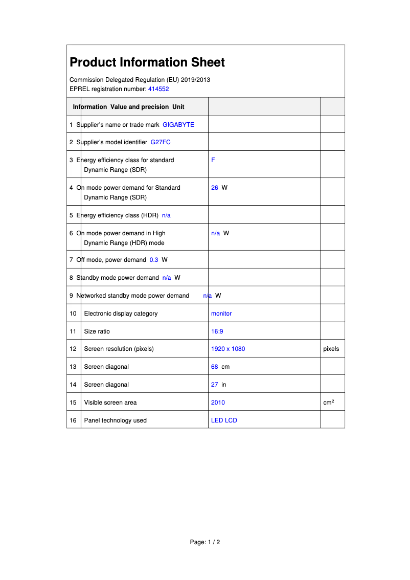 Page n°1 - Fiche technique Gigabyte G27FC