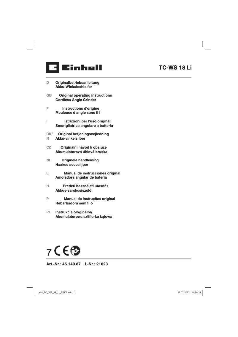 Page n°1 - Manuel utilisateur Einhell TC-WS 18 Li