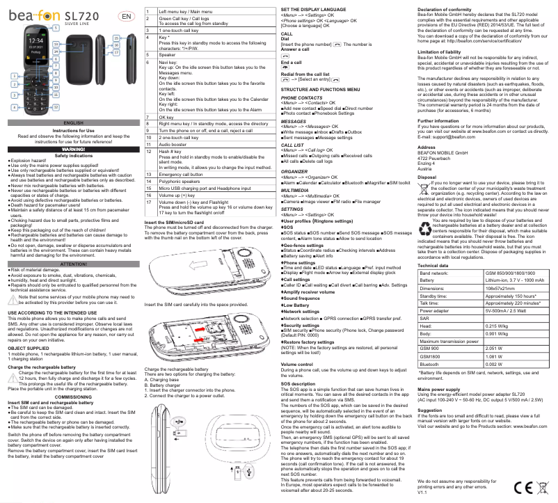 Page 1 de la notice Mode d'emploi Bea-fon SL720