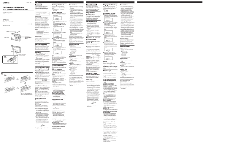 Page 1 de la notice Manuel utilisateur Sony ICF-SW35