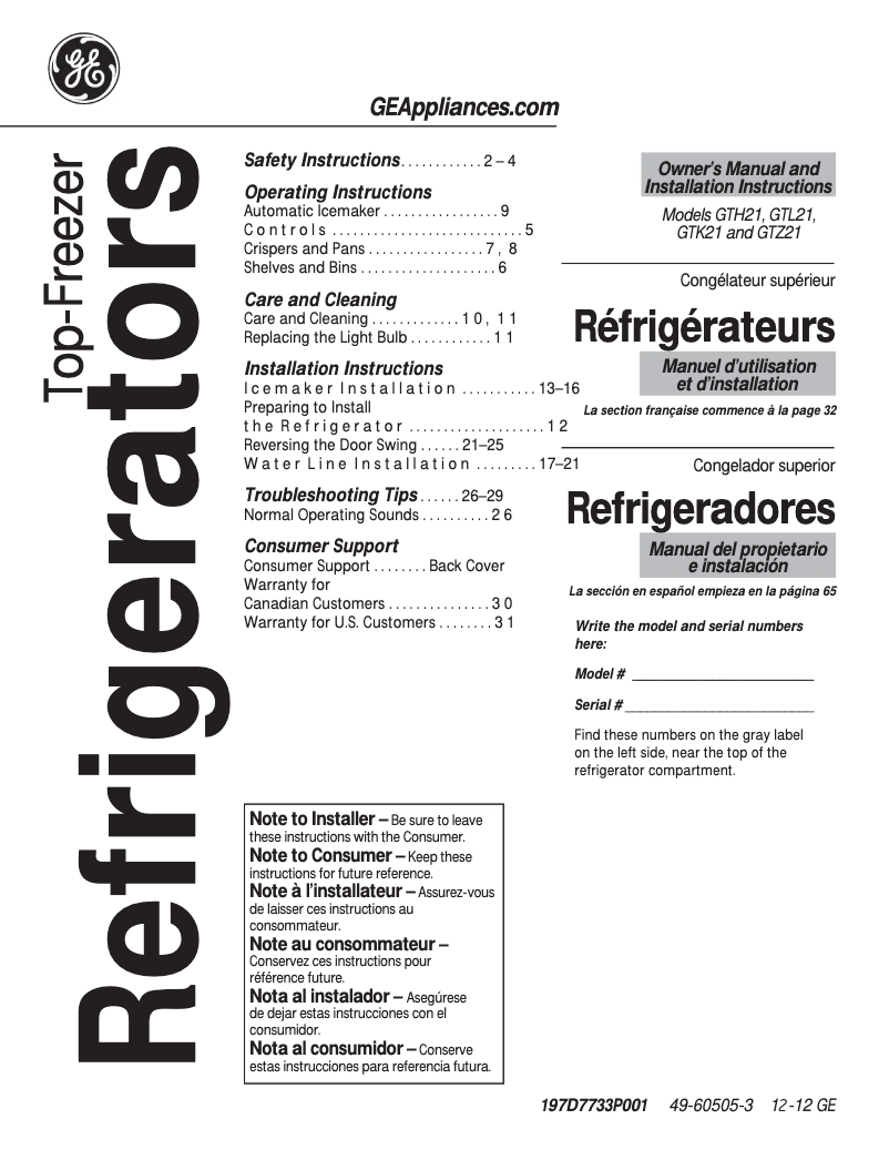 Page n°1 - Mode d'emploi GE GTZ21GCESS