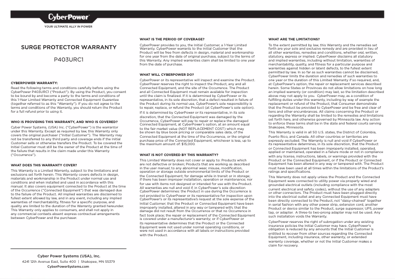 Page 1 de la notice Informations de garantie CyberPower Home Office P403URC1