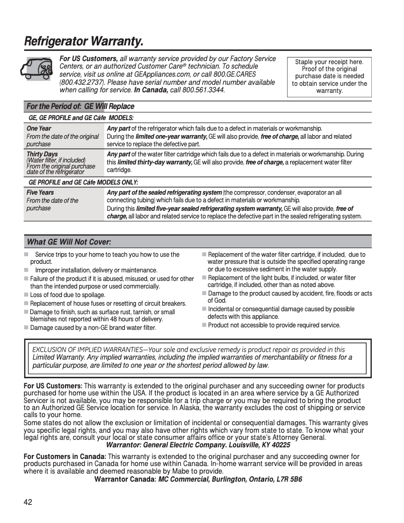 Page 1 de la notice Informations de garantie GE GTE17GTNRWW