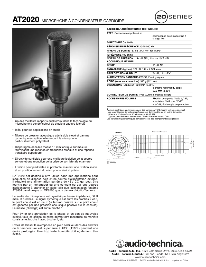 Page n°1 - Fiche technique Audio-Technica AT2020