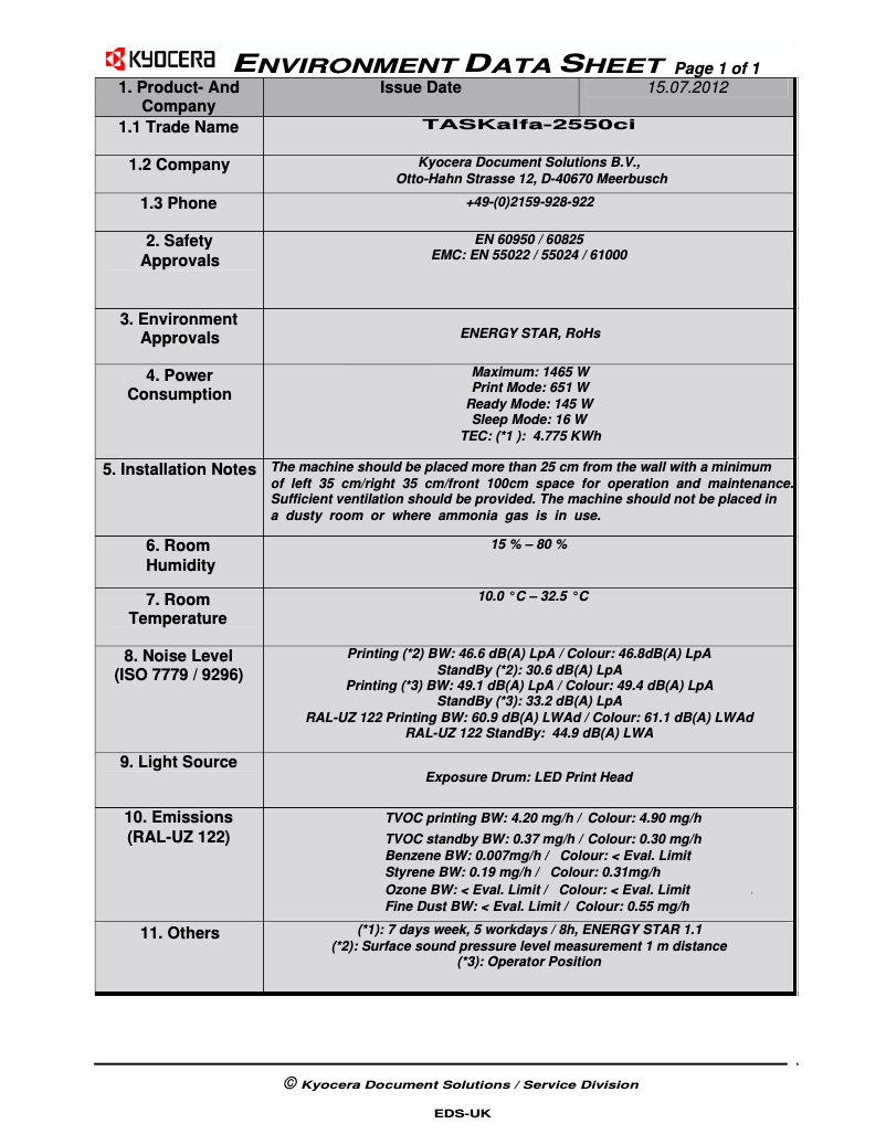 Page n°1 - Fiche technique Kyocera TASKalfa 2550ci