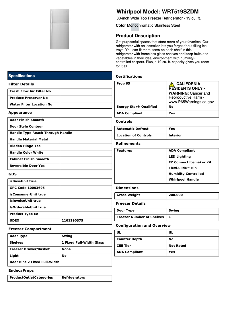 Page 1 de la notice Fiche technique Whirlpool WRT519SZDM
